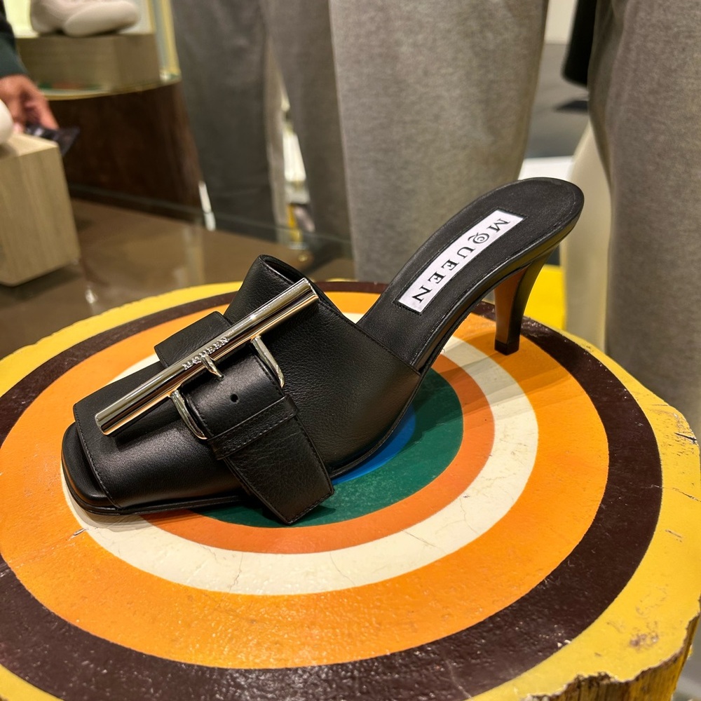 Alexander McQueen Black Heeled Mules with Silver Accent